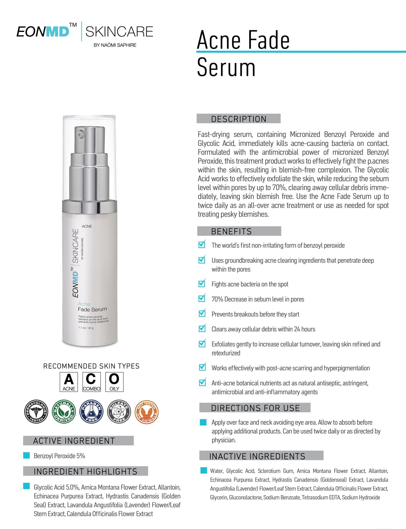 Fast-drying serum, containing Micronized Benzoyl Peroxide and Glycolic Acid, immediately kills acne-causing bacteria on contact. Formulated with the antimicrobial power of micronized Benzoyl Peroxide, this treatment product works to effectively fight the p.acnes within the skin, resulting in blemish-free complexion.