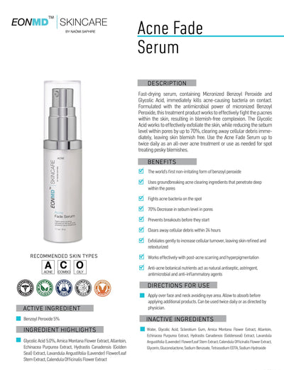 Fast-drying serum, containing Micronized Benzoyl Peroxide and Glycolic Acid, immediately kills acne-causing bacteria on contact. Formulated with the antimicrobial power of micronized Benzoyl Peroxide, this treatment product works to effectively fight the p.acnes within the skin, resulting in blemish-free complexion.