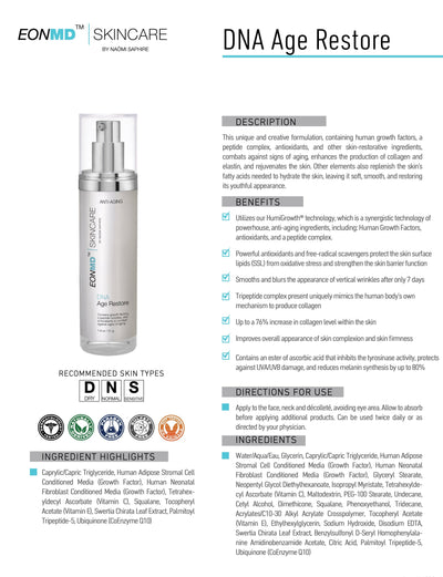 This unique and creative formulation, containing human growth factors, a peptide complex, antioxidants, and other skin-restorative ingredients, combats against signs of aging, enhances the production of collagen and elastin and rejuvenates the skin. Other elements also replenish the skin's fatty acids needed to hydrate the skin, leaving it soft, smooth, and restoring its youthful appearance.
