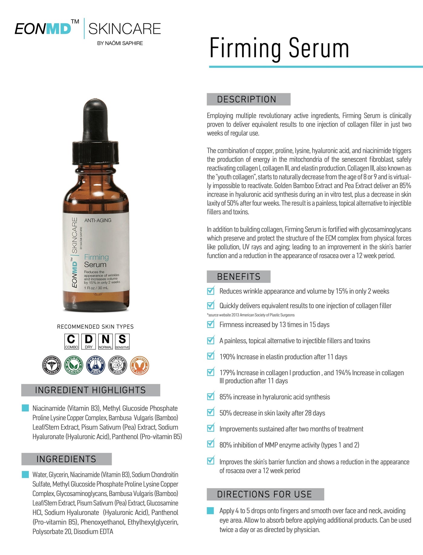 Employing multiple revolutionary active ingredients, Firming Serum is clinically proven to deliver equivalent results to one injection of collagen filler in just two weeks of regular use. The combination of copper, proline, lysine, hyaluronic acid, and Niacinamide triggers the production of energy in the mitochondria of the senescent fibroblast, safely reactivating collagen I, collagen III, and elastin production.