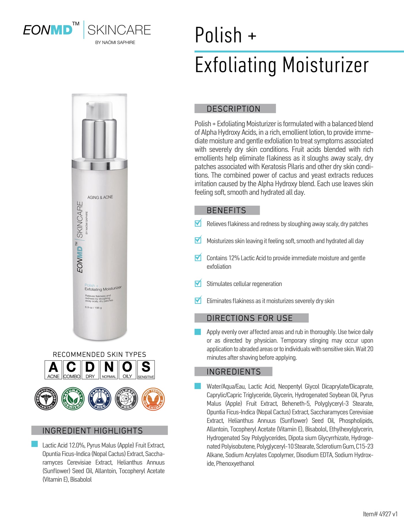 Polish + Exfoliating Moisturizer is formulated with a balanced blend of Alpha Hydroxy Acids, in a rich, emollient lotion, to provide immediate moisture and gentle exfoliation to treat symptoms associated with severely dry skin conditions. Fruit acids blended with rich emollients help eliminate flakiness as it sloughs away scaly, dry patches associated with Keratosis Pilaris and other dry skin conditions