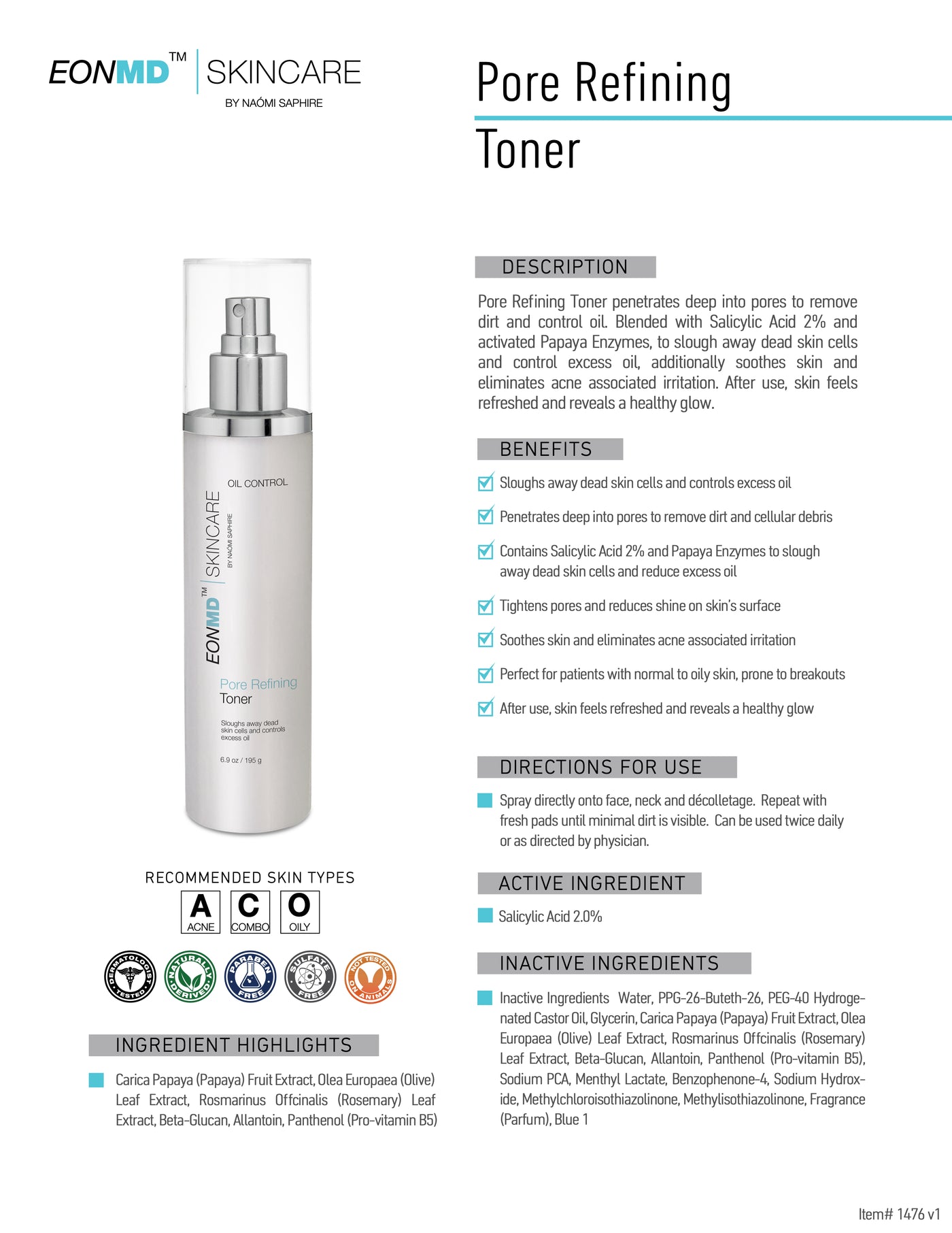 Pore Refining Toner penetrates deep into pores to remove dirt and control oil. Blended with Salicylic Acid 2% and activated Papaya Enzymes, to slough away dead skin cells and control excess oil, additionally soothes skin and eliminates acne associated irritation. After use, skin feels refreshed and reveals a healthy glow.