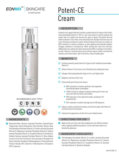 Powerful anti-aging treatment contains a potent blend of 5 types of self-stabilized, bioavailable Vitamin C 10% in a rich cream base to nourish, hydrate and protect skin as it fights and reverses the signs of aging. Clinical testing of efficacy has shown an 80% reduction in melanin synthesis, as skin appeared dramatically brighter. Collagen synthesis is increased by 100%, leaving skin more firm and taut. Additionally, free radical formation decreased by 98%, resulting in UV protected skin.