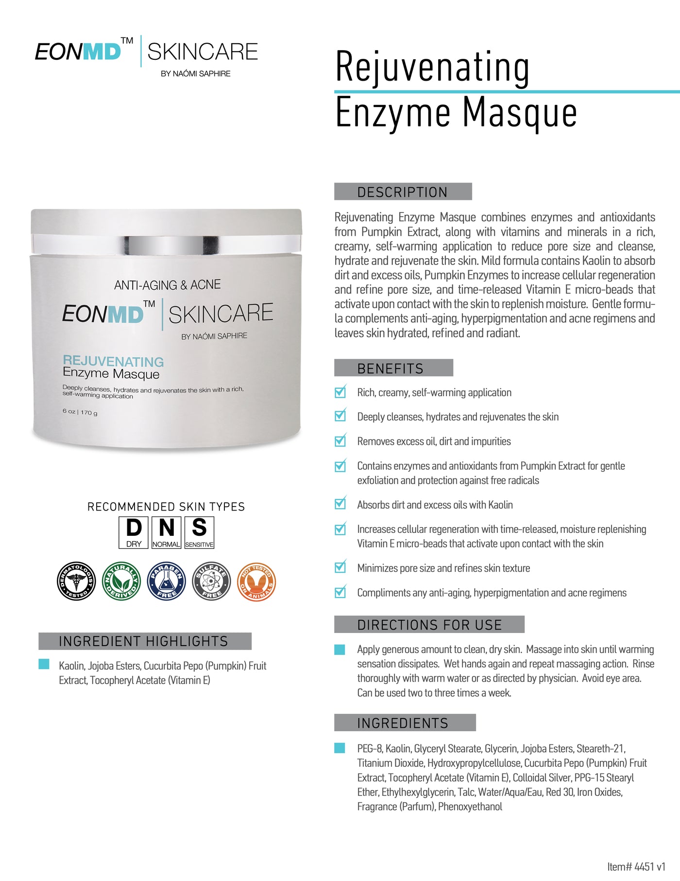 Rejuvenating Enzyme Masque combines enzymes and antioxidants from Pumpkin Extract, along with vitamins and minerals in a rich, creamy, self-warming application to reduce pore size and cleanse, hydrate and rejuvenate the skin. Mild formula contains Kaolin to absorb dirt and excess oils, Pumpkin Enzymes to increase cellular regeneration and refine pore size, and time-released Vitamin E micro-beads that activate upon contact with the skin to replenish moisture. 