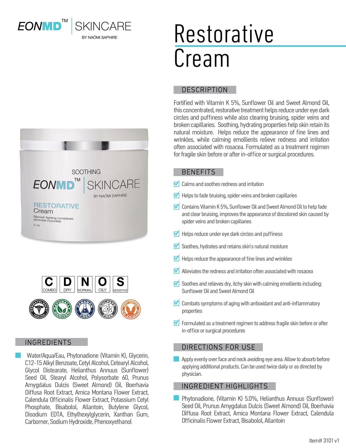 Fortified with Vitamin K 5%, Sunflower Oil and Sweet Almond Oil, this concentrated, restorative treatment helps reduce under eye dark circles and puffiness while also clearing bruising, spider veins and broken capillaries. Soothing, hydrating properties help skin retain its natural moisture. Helps reduce the appearance of fine lines and wrinkles, while calming emollients relieve redness and irritation often associated with rosacea. 