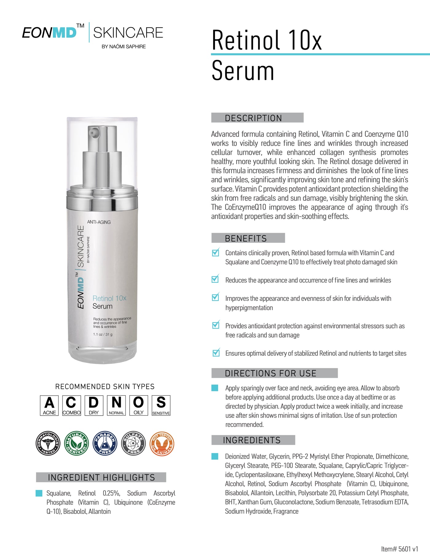 Advanced formula containing Retinol, Vitamin C and Coenzyme Q10 works to visibly reduce fine lines and wrinkles through increased cellular turnover, while enhanced collagen synthesis promotes healthy, more youthful looking skin. The Retinol dosage delivered in this formula increases firmness and diminishes the look of fine lines and wrinkles, significantly improving skin tone and refining the skin's surface. 