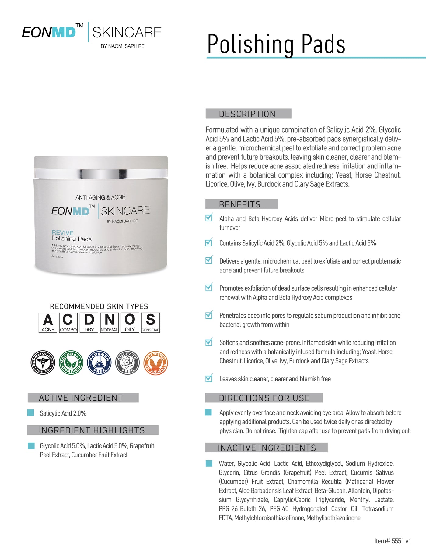 Formulated with a unique combination of Salicylic Acid 2%, Glycolic Acid 5% and Lactic Acid 5%, pre-absorbed pads synergistically deliver a gentle, microchemical peel to exfoliate and correct problem acne and prevent future breakouts, leaving skin cleaner, clearer and blemish-free. Helps reduce acne-associated redness, irritation and inflammation with a botanical complex including; Yeast, Horse Chestnut, Licorice, Olive, Ivy, Burdock and Clary Sage Extracts.