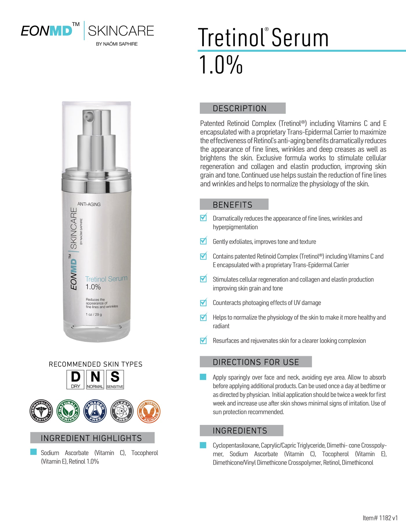 Patented Retinoid Complex (Tretinol®) including Vitamins C and E encapsulated with a proprietary Trans-Epidermal Carrier to maximize the effectiveness of Retinol’s anti-aging benefits dramatically reduces the appearance of fine lines, wrinkles and deep creases as well as brightens the skin. Exclusive formula works to stimulate cellular regeneration and collagen and elastin production, improving skin grain and tone.