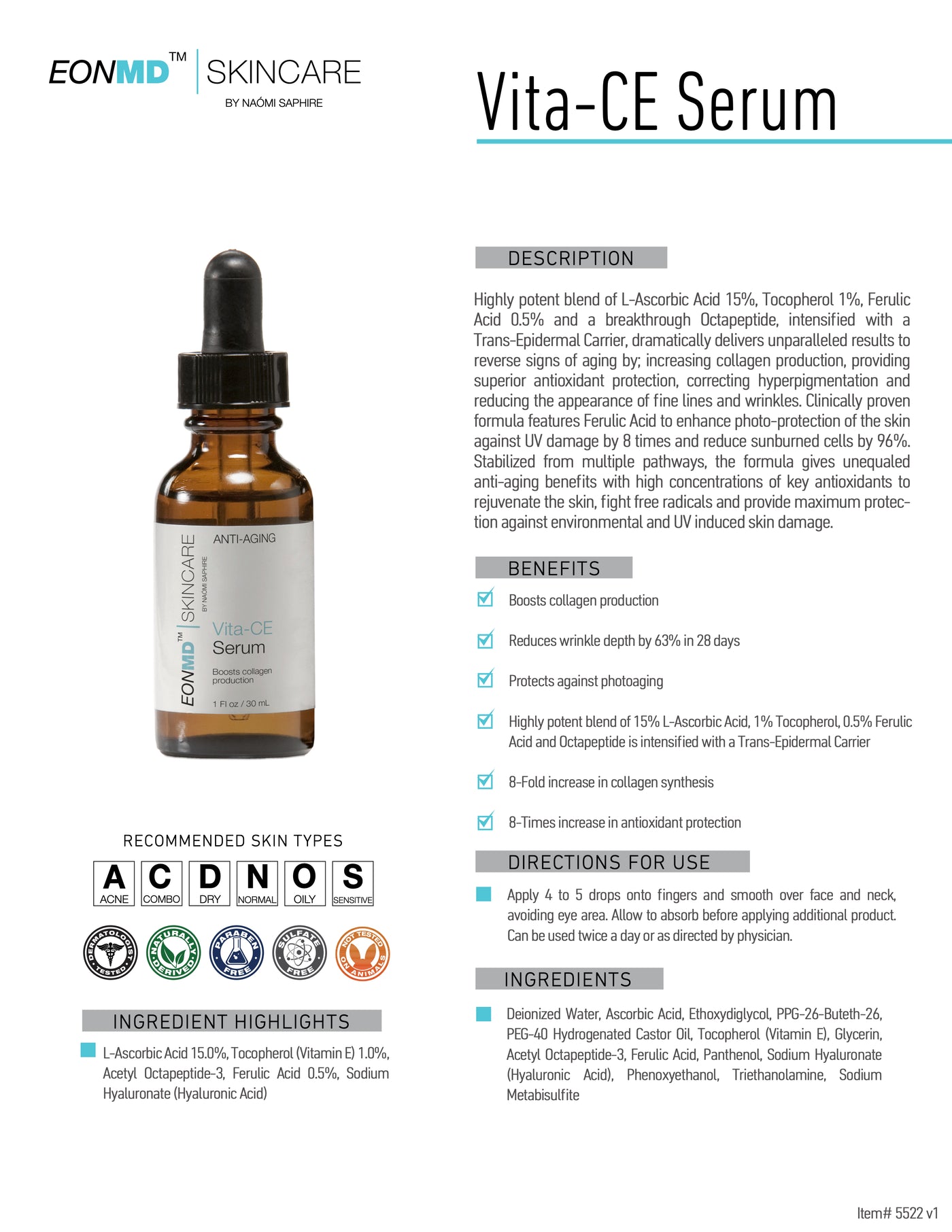 Highly potent blend of L-Ascorbic Acid 15%, Tocopherol 1%, Ferulic Acid 0.5% and a breakthrough Octapeptide, intensified with a Trans-Epidermal Carrier, dramatically delivers unparalleled results to reverse signs of aging by; increasing collagen production, providing superior antioxidant protection, correcting hyperpigmentation and reducing the appearance of fine lines and wrinkles. 